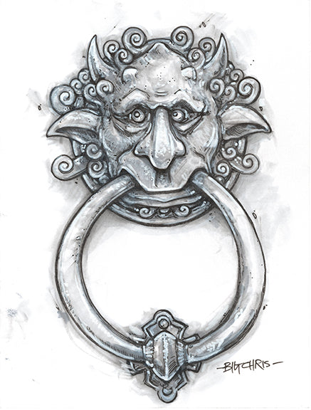 Original Art | Right Door Knocker - Labyrinth | Original Black and White Marker Drawing